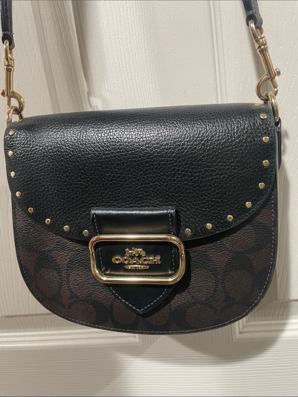 Coach Black Leather and Brown Signature Crossbody with Gold Hardware